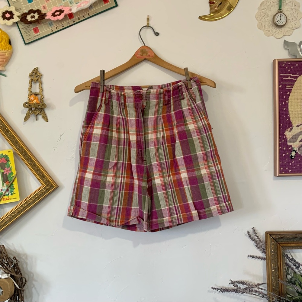 Kikomo Plaid High waisted Shorts Pleated Linen Blend Pink Orange & Olive Size 9
